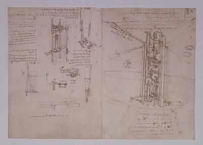 Macchina volante con ali di uccello in posizione verticale, fol. 80r dal Manoscritto di Parigi B, 1488-90 da Leonardo da Vinci
